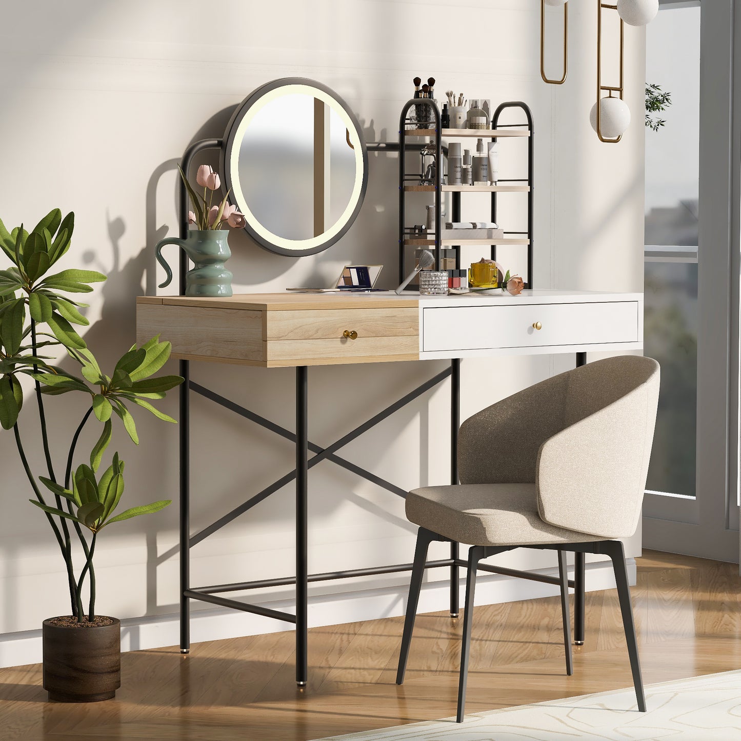 TREATLIFE HOME 40" Makeup Vanity Desk with Lighted Mirror, Wireless Charging Station, Ample Storage, and Elegant Design, White