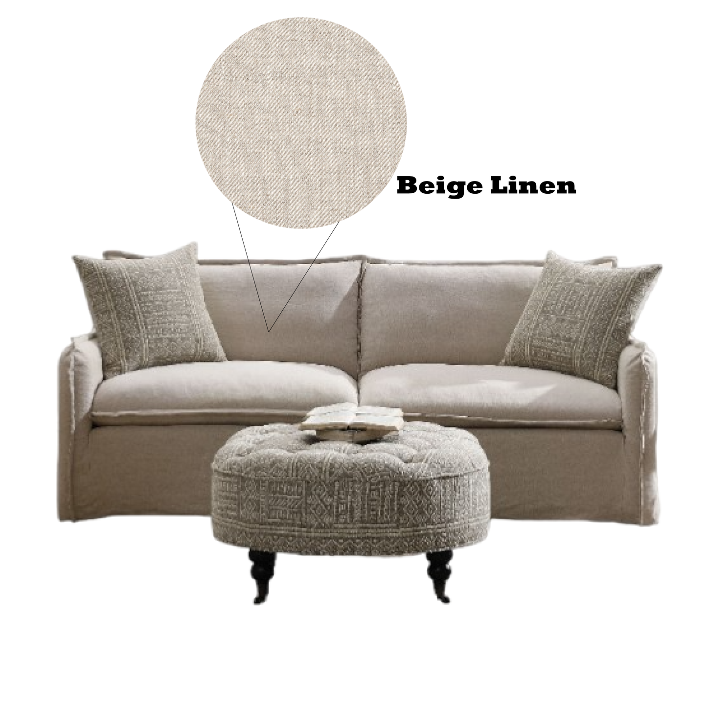 Earthy beige linen sofa with textured accent pillows and a patterned ottoman