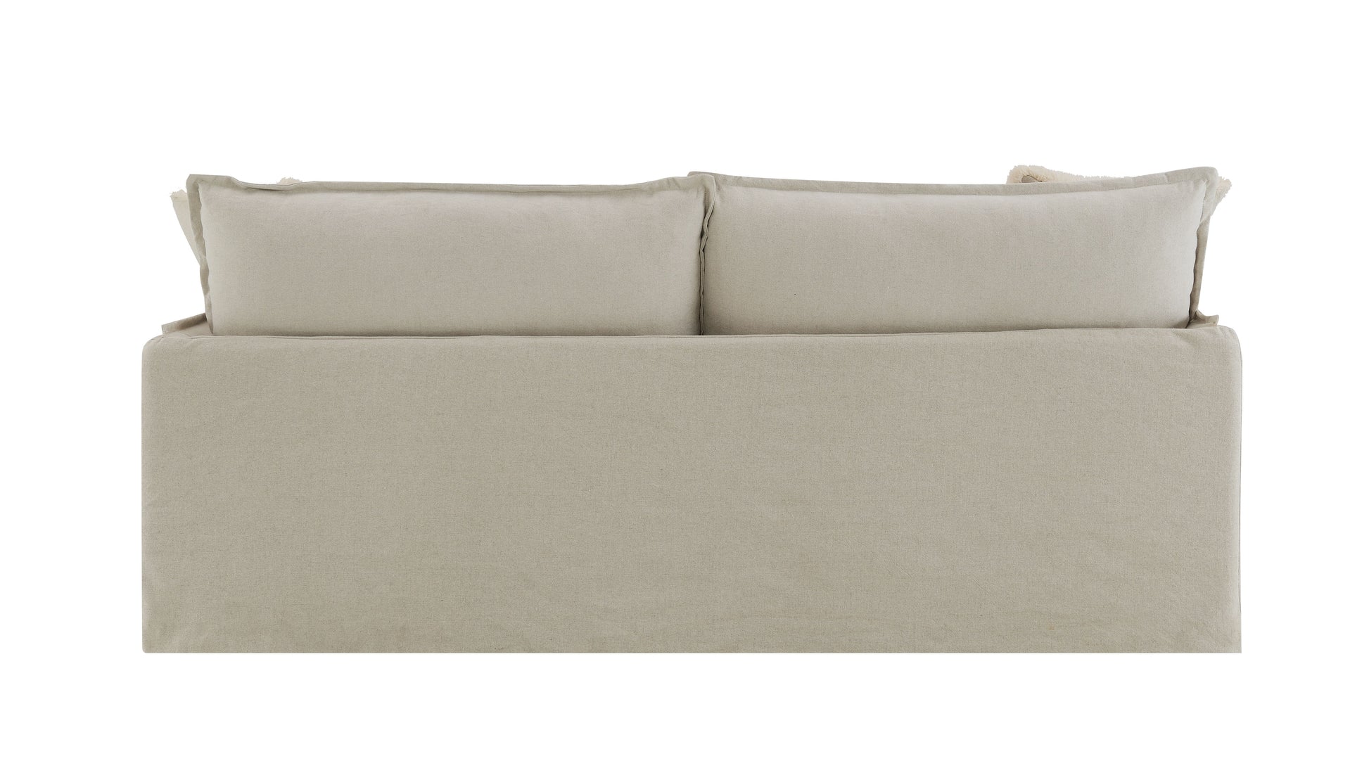 Beige linen sofa with plush back cushions and a loose slipcover for a relaxed look