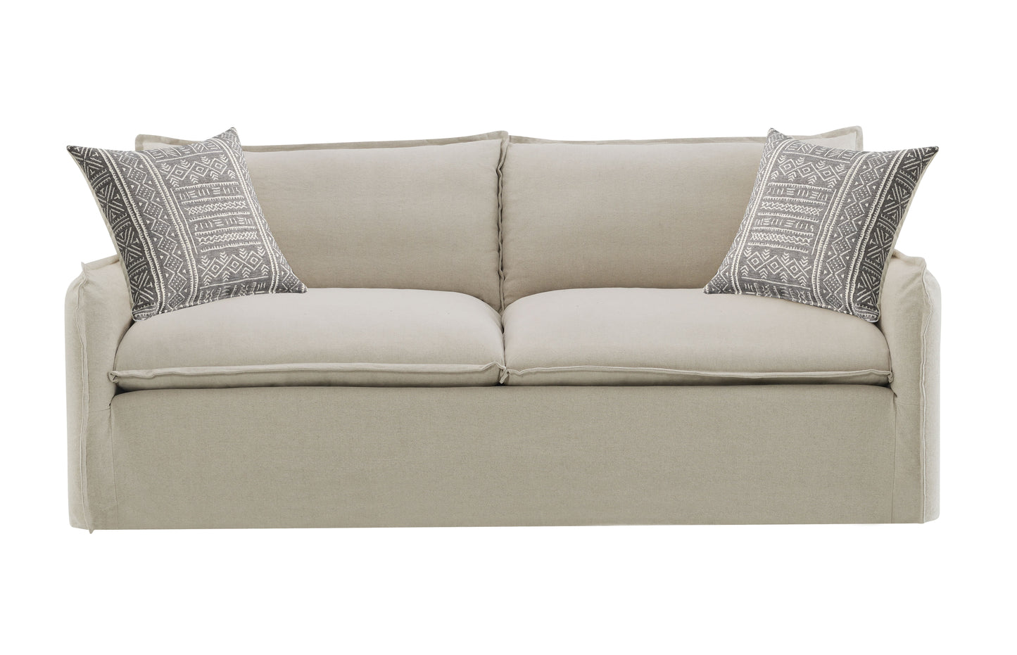 Neutral linen sofa with decorative geometric throw pillows for living room comfort