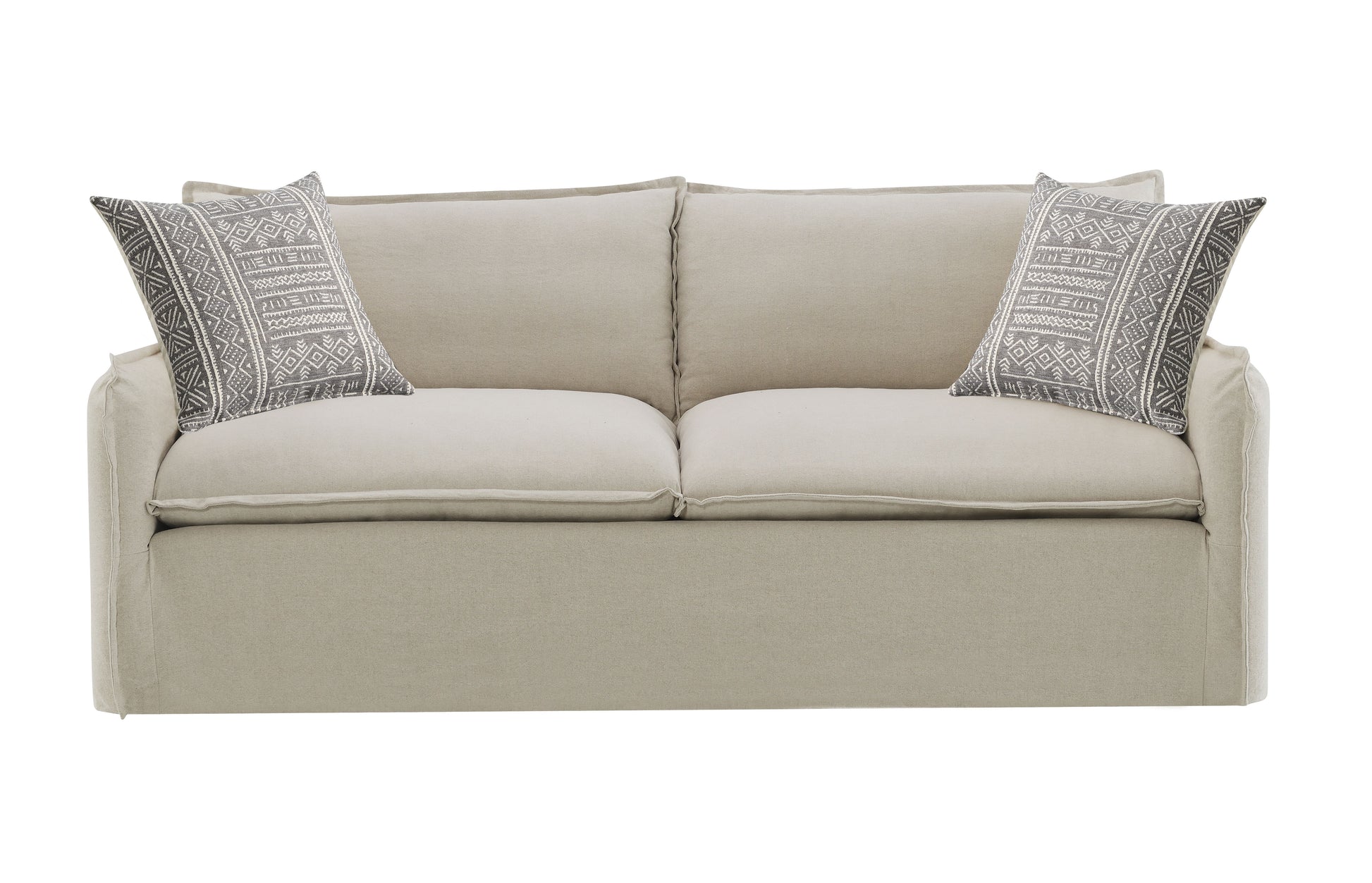 Neutral linen sofa with decorative geometric throw pillows for living room comfort