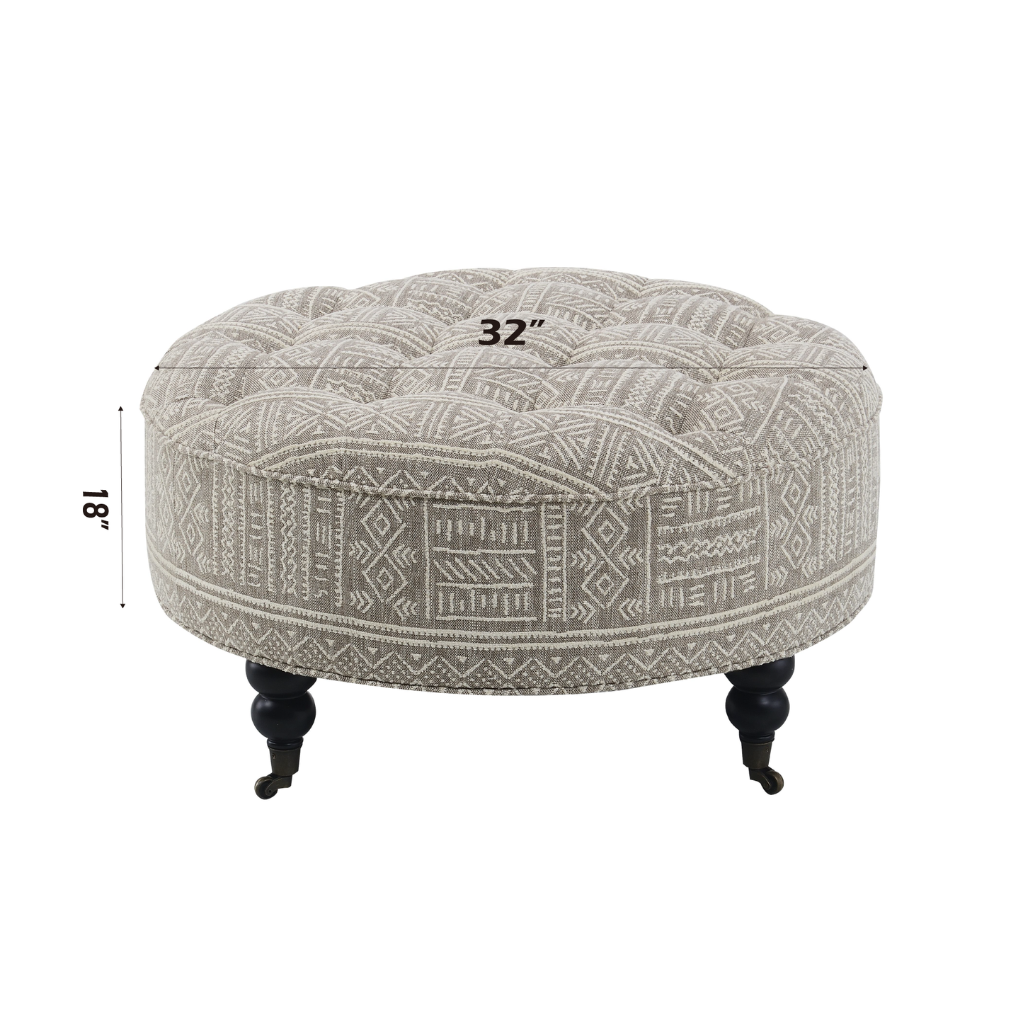 Tufted round ottoman in beige with geometric pattern and turned legs on casters