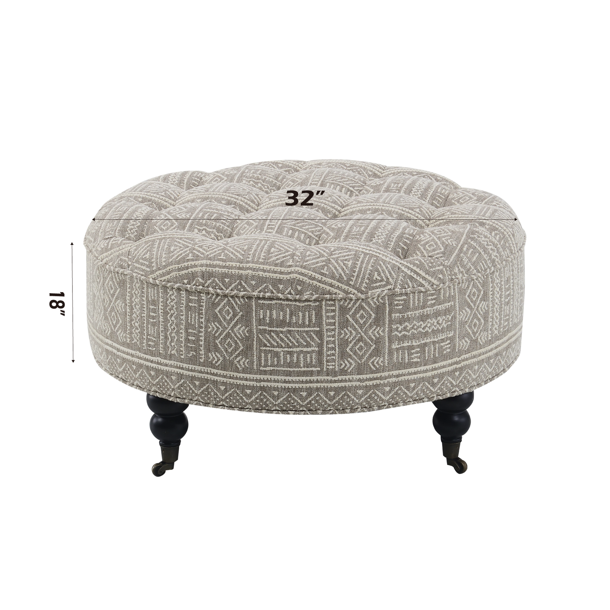 Tufted round ottoman in beige with geometric pattern and turned legs on casters