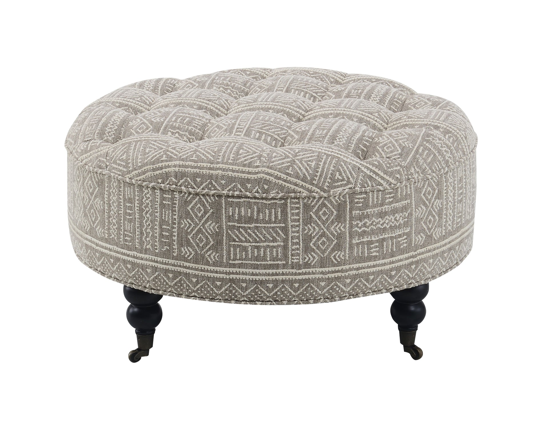 Tufted grey fabric ottoman with geometric pattern and black casters