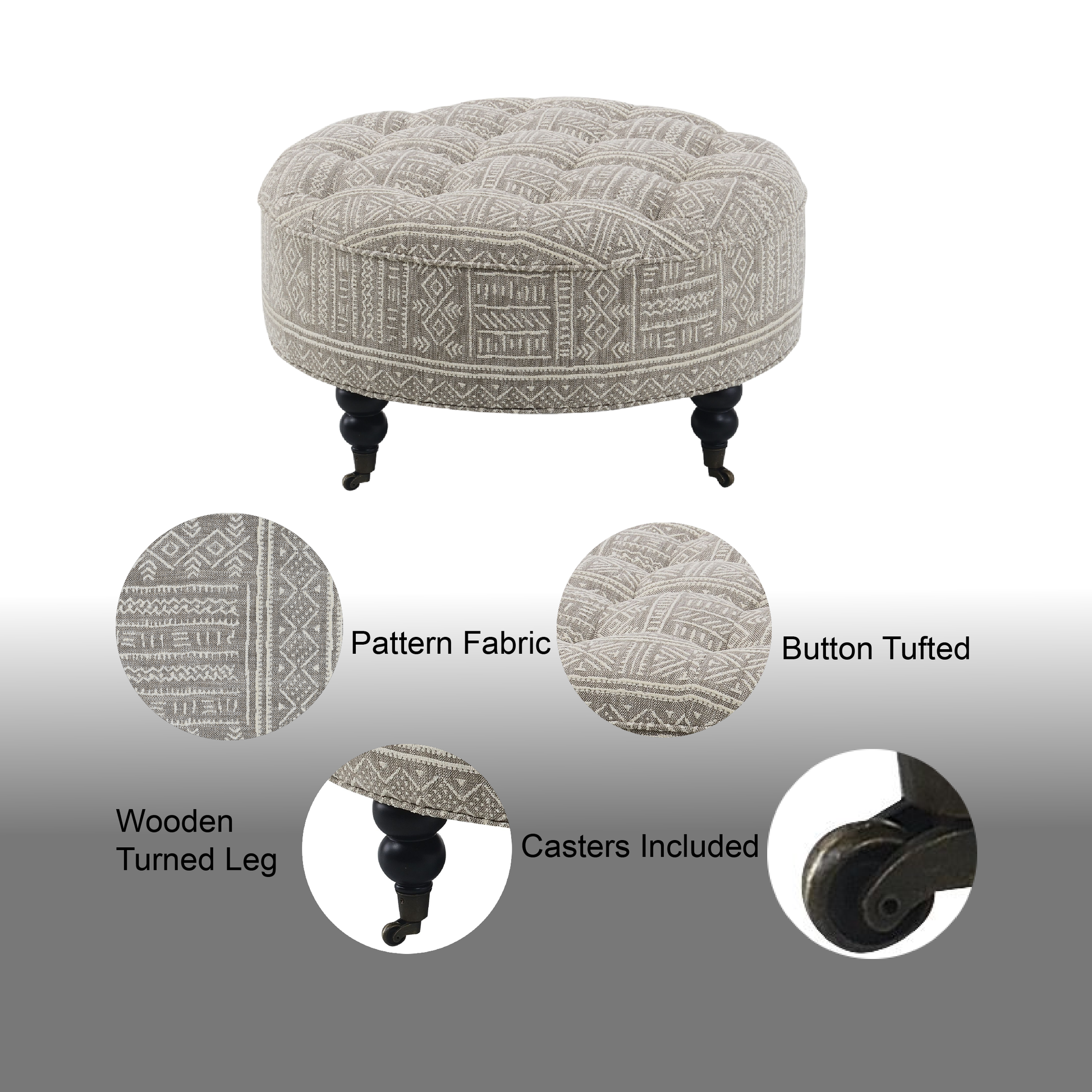 Round buttontufted ottoman with beige geometric pattern fabric and dark wooden legs
