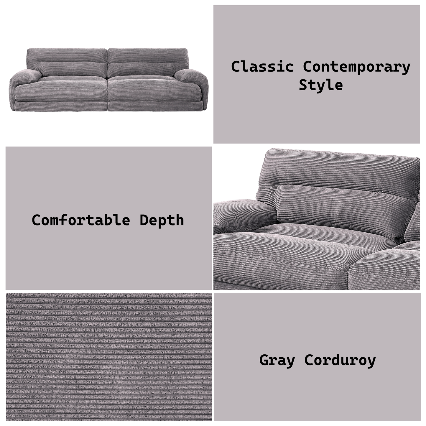 Gray corduroy sofa with plush cushions and a classic contemporary style
