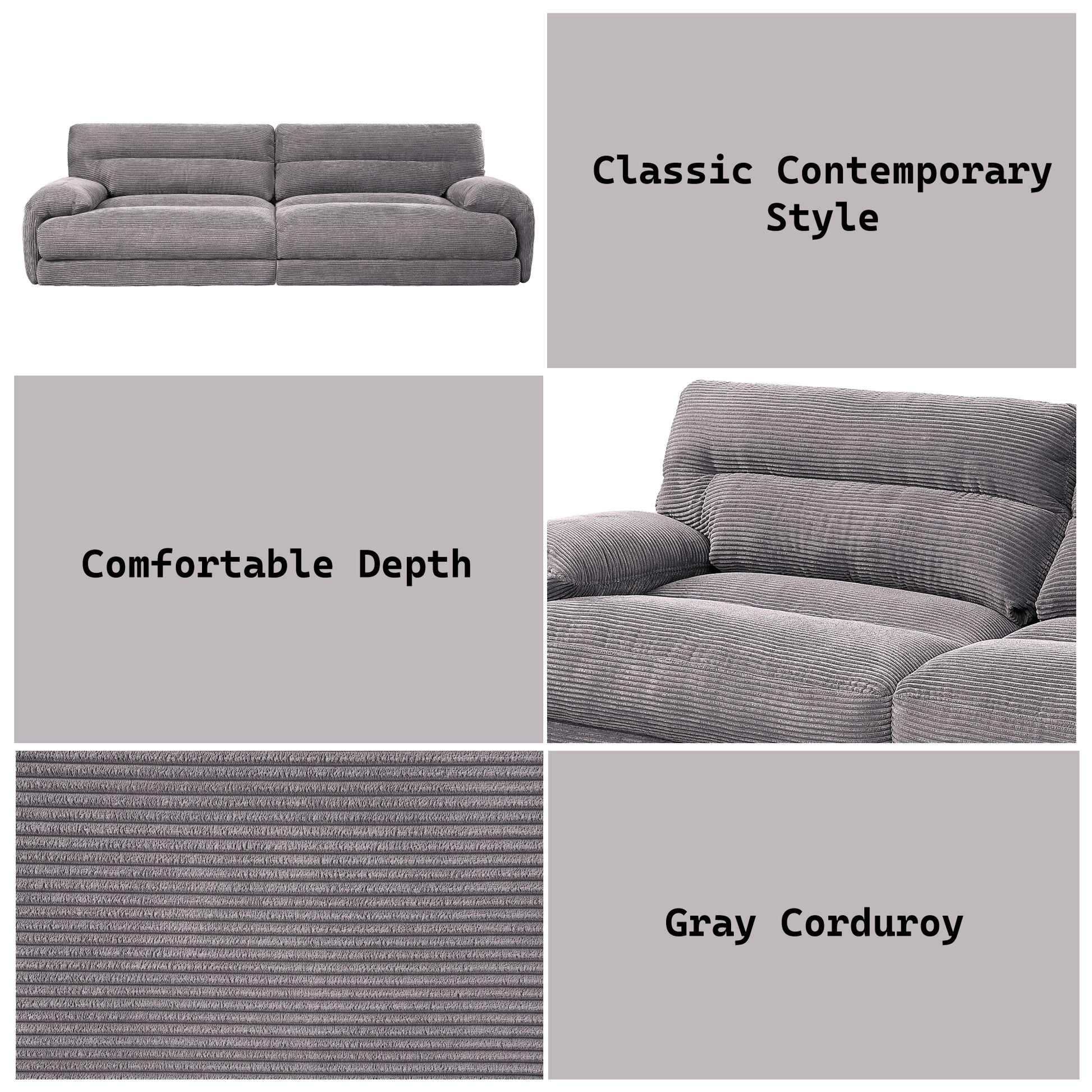 Gray corduroy sofa with plush cushions and a classic contemporary style