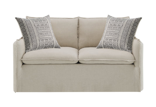 Beige linen loveseat with two grey patterned throw pillows for modern living room decor
