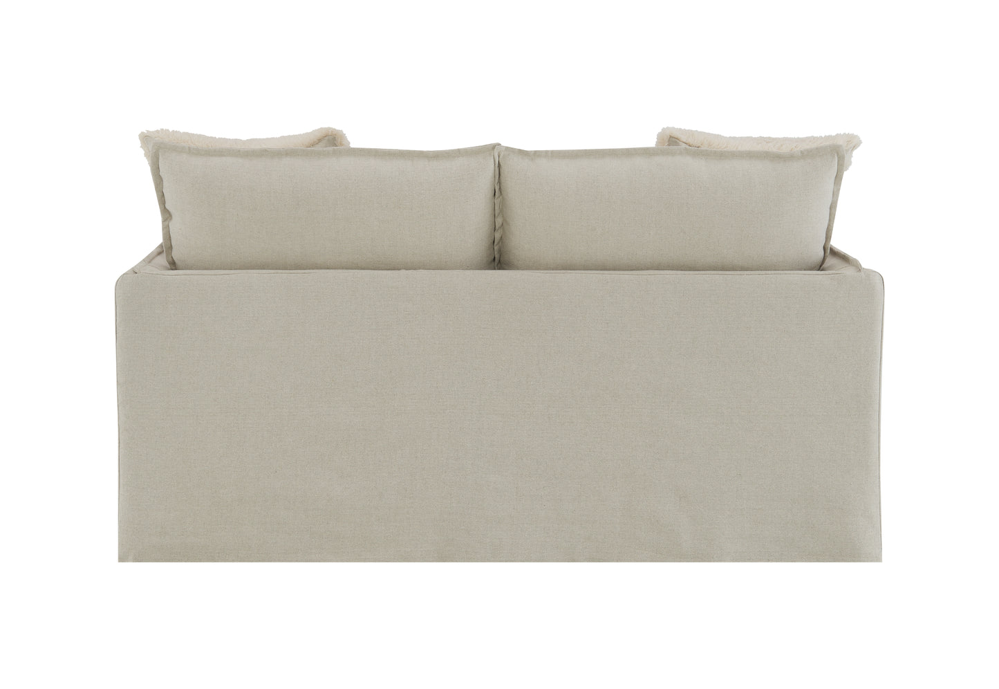 Cream linen sofa with two throw pillows featuring fringe detail