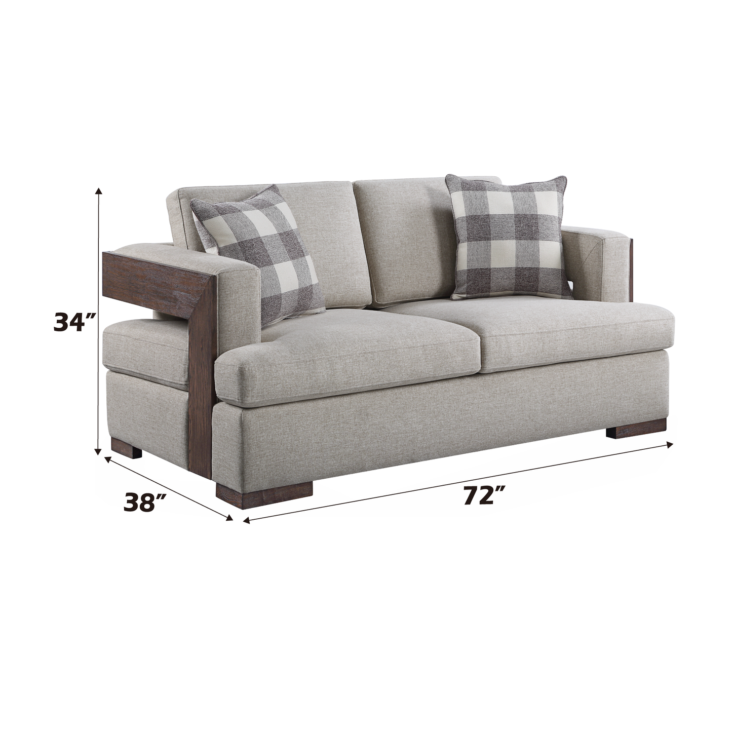 Modern grey fabric sofa with wood accents and plaid pillows  wide