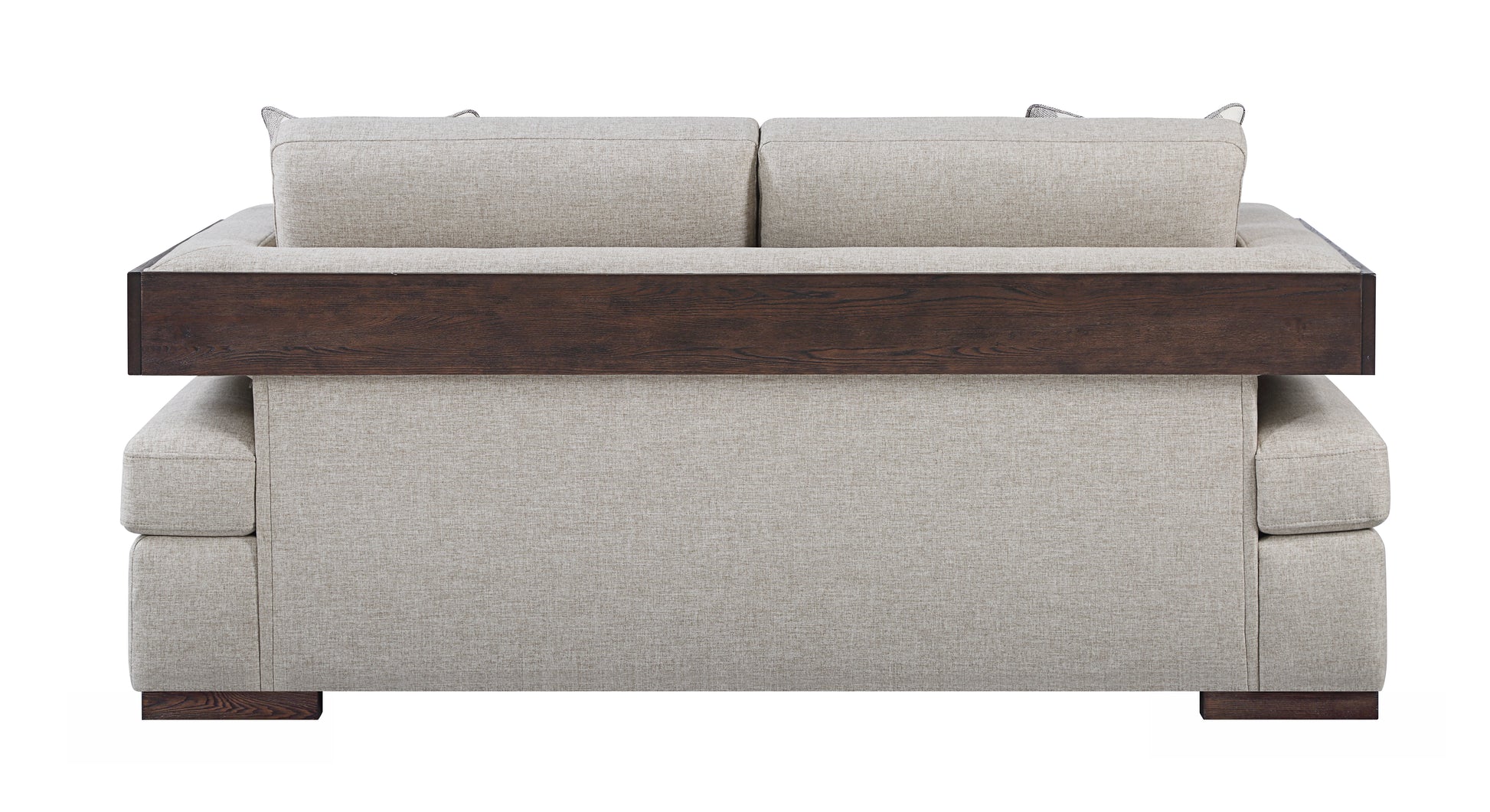 Modern light beige fabric sofa with dark wood accent panel and legs