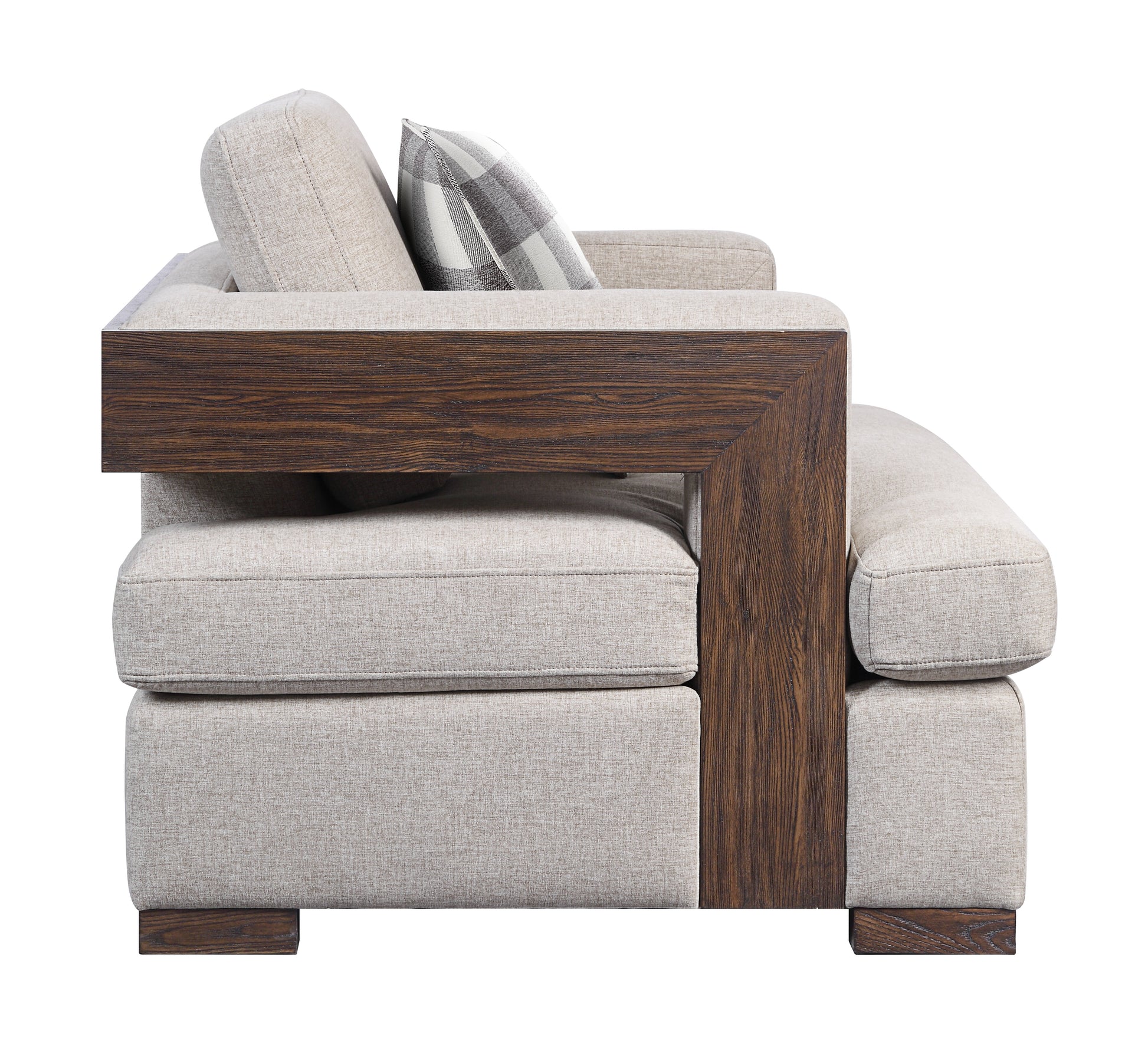 Modern armchair with light beige fabric and dark wood accents