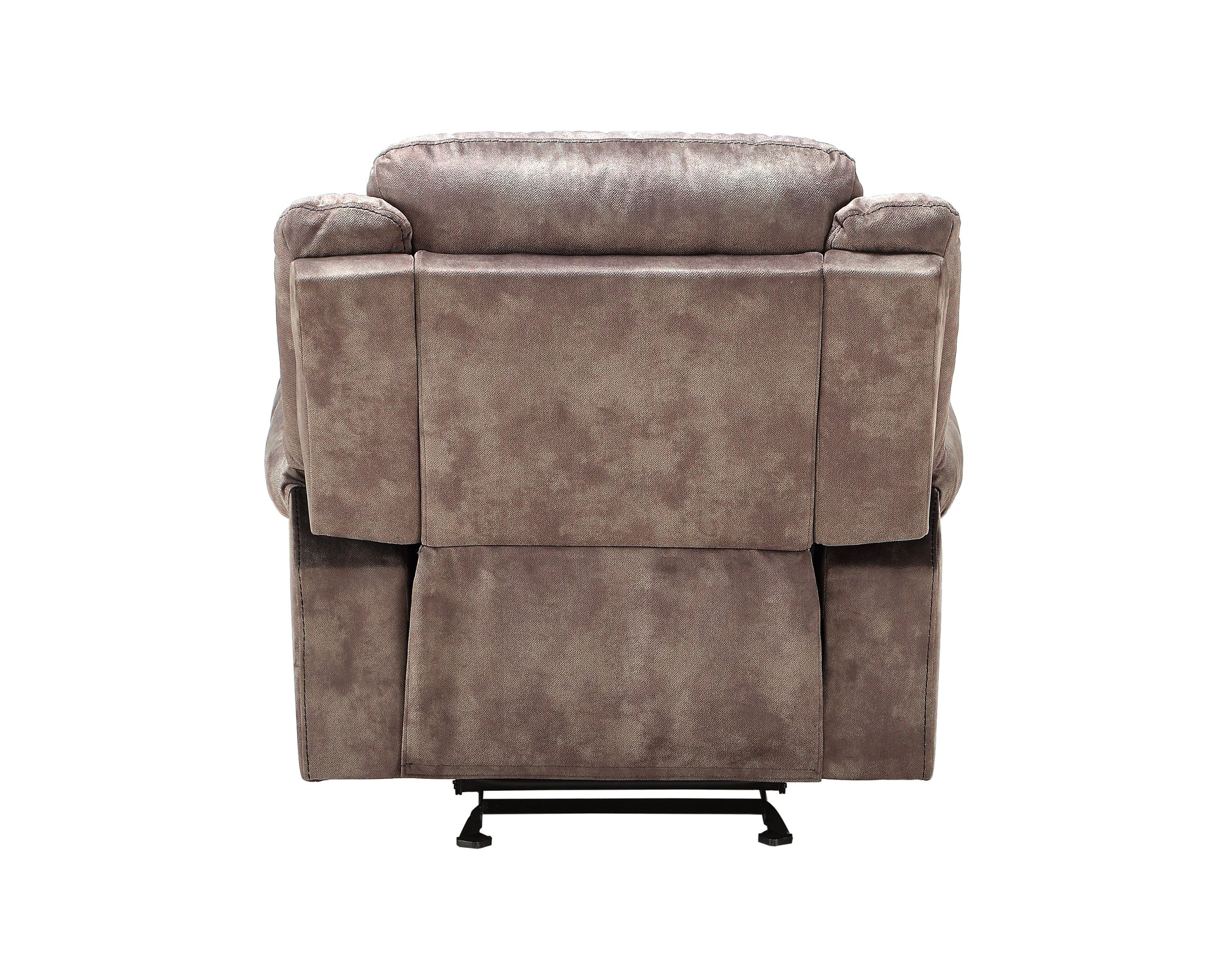 Back view of a taupe fabric recliner chair with padded arms and headrest plush seat