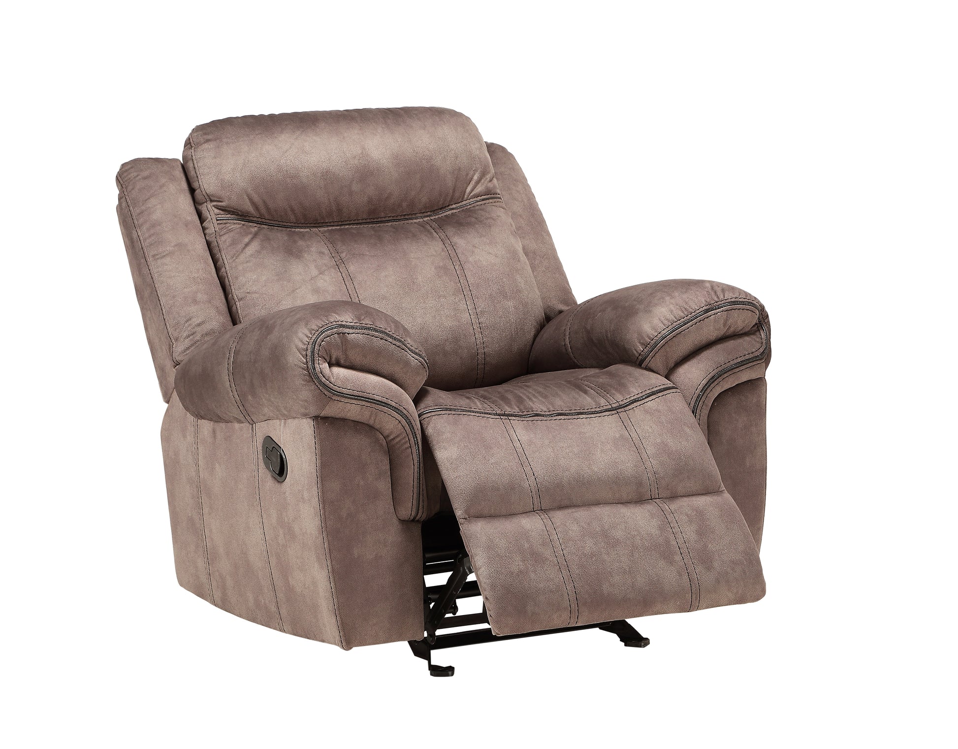 Taupe plush fabric recliner chair with deep cushioning and stitched detailing