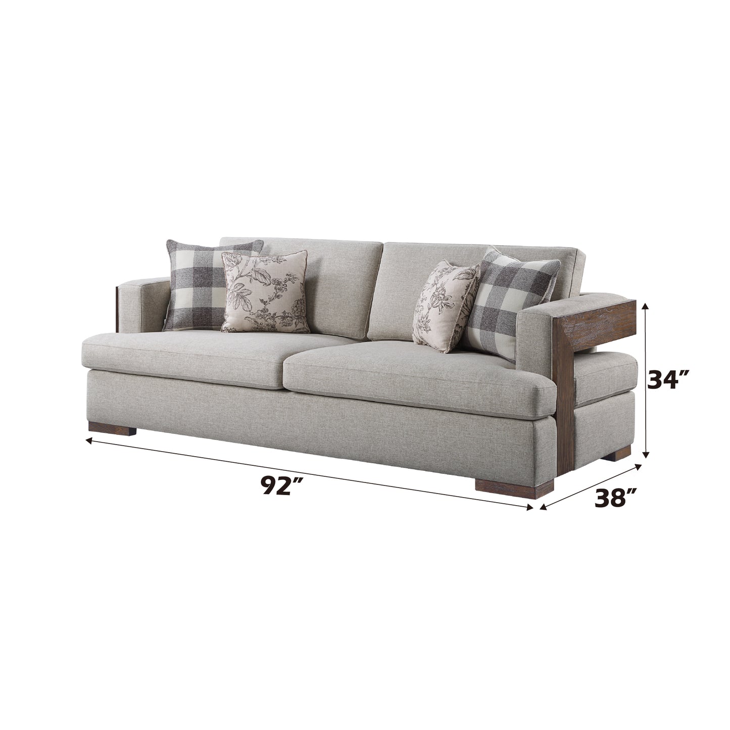 Modern gray fabric sofa with contrasting wooden arm accents and patterned throw pillows