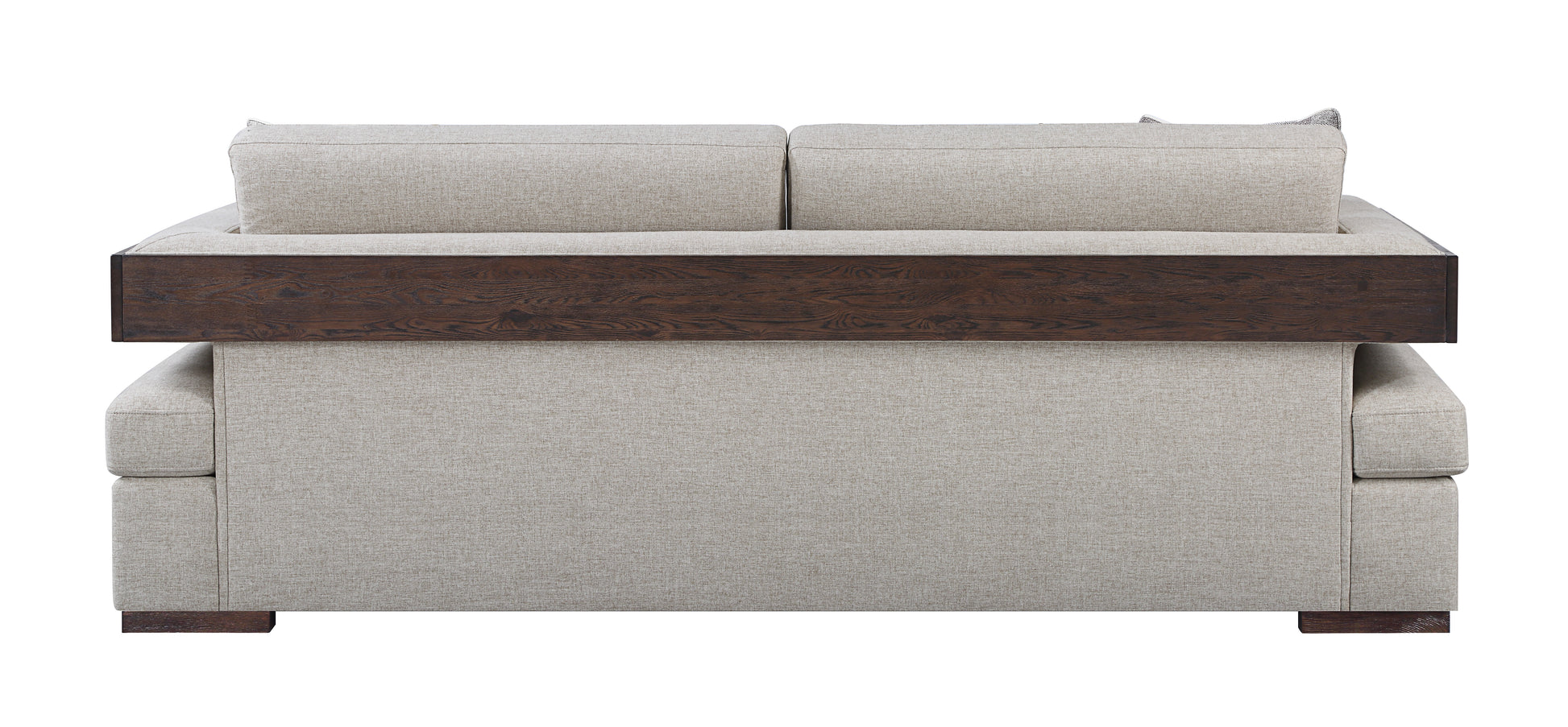 Back view of a modern beige fabric sofa with a dark wood accent