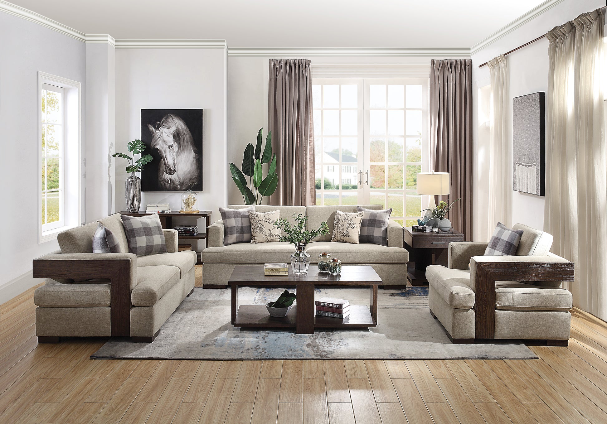 Beige upholstered sectional sofa with dark wood accents and plaid pillows ideal for modern living rooms