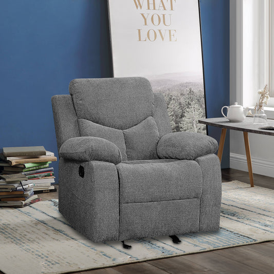 Grey fabric recliner chair with padded arms and footrest lever for ultimate comfort
