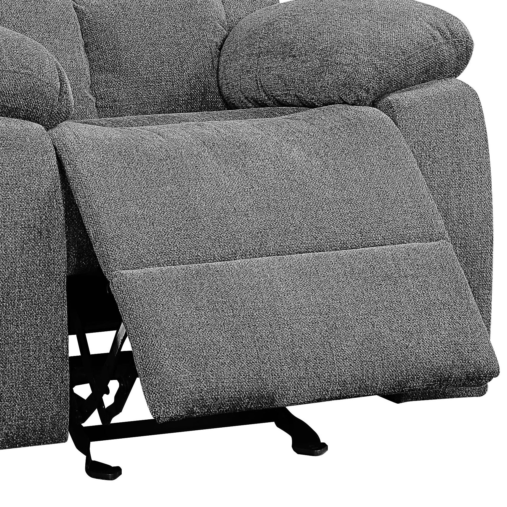 Closeup of a grey fabric recliner with the footrest partially extended showing metal mechanism