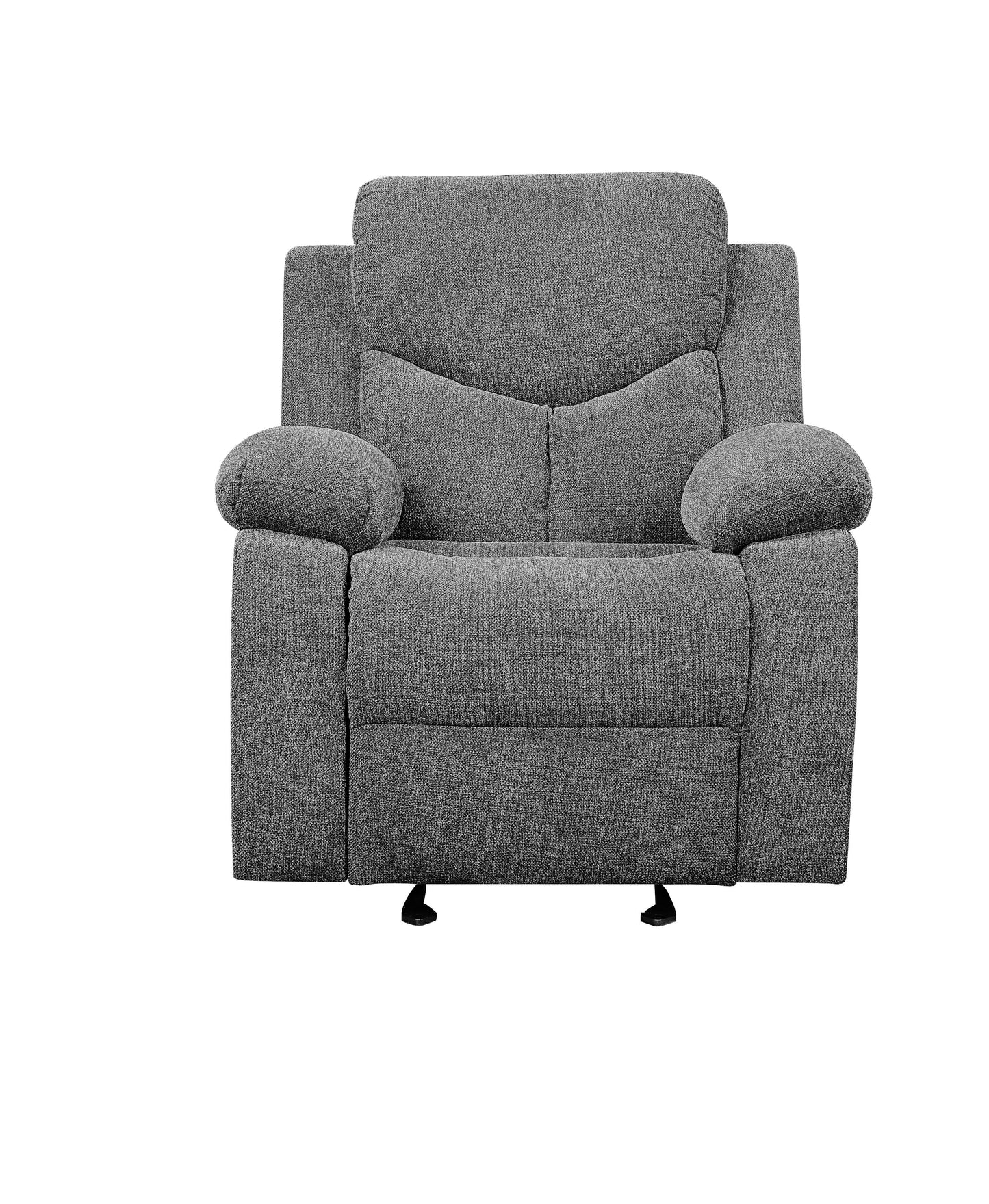 Plush gray fabric recliner chair with padded arms and headrest perfect for living rooms