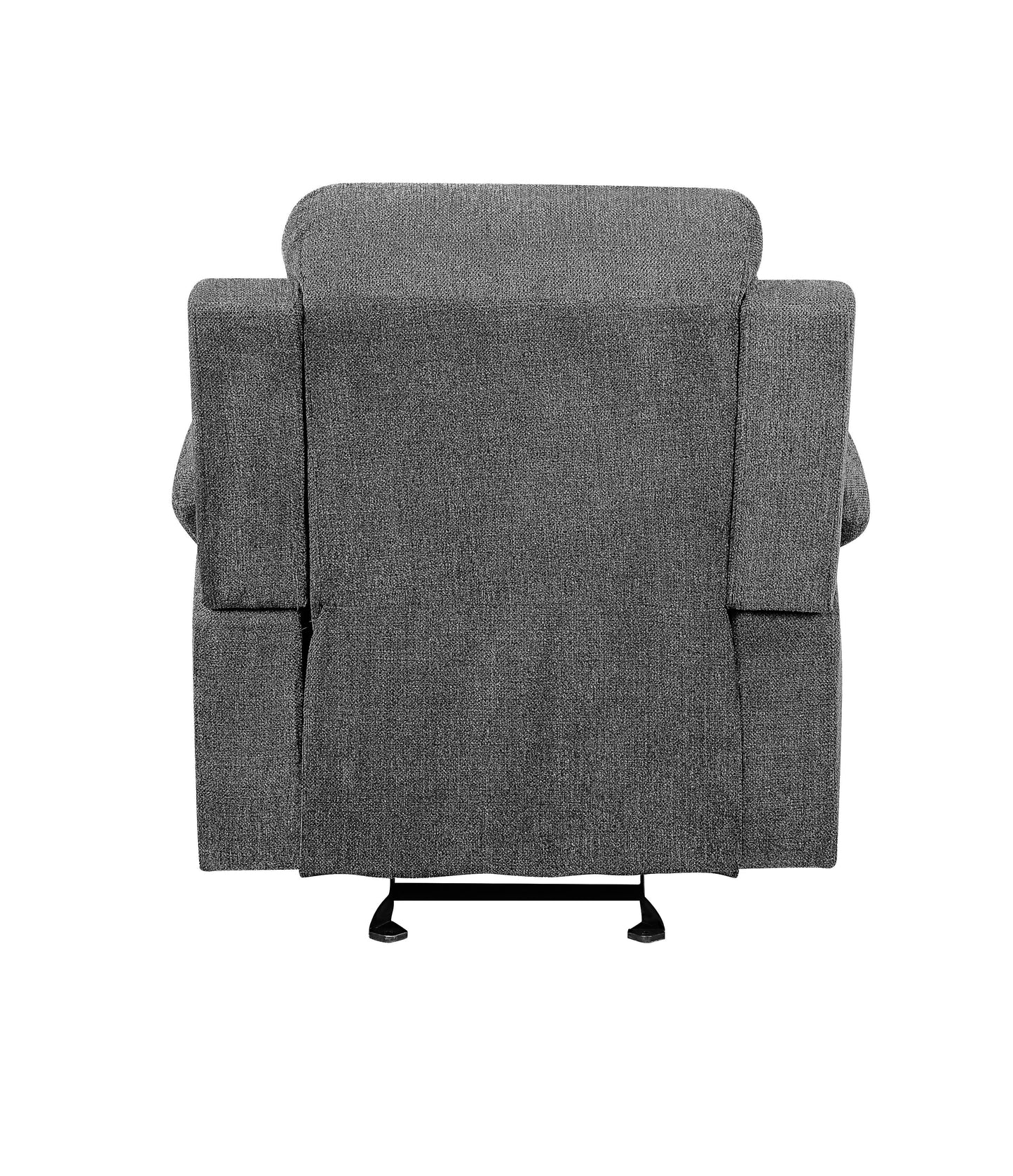 Back view of a gray fabric recliner chair with padded arms and headrest