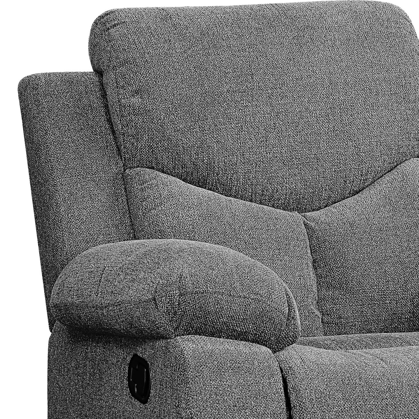 Closeup of a gray fabric recliner showcasing textured upholstery and plush armrest
