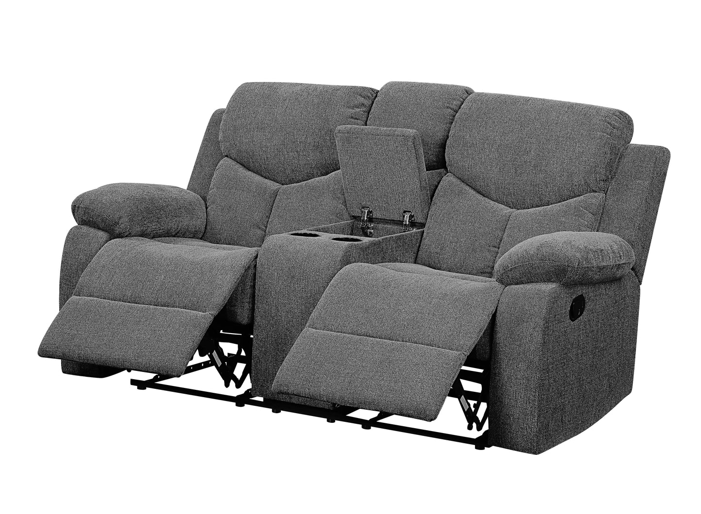 Dark grey fabric loveseat recliner with center console and cup holders