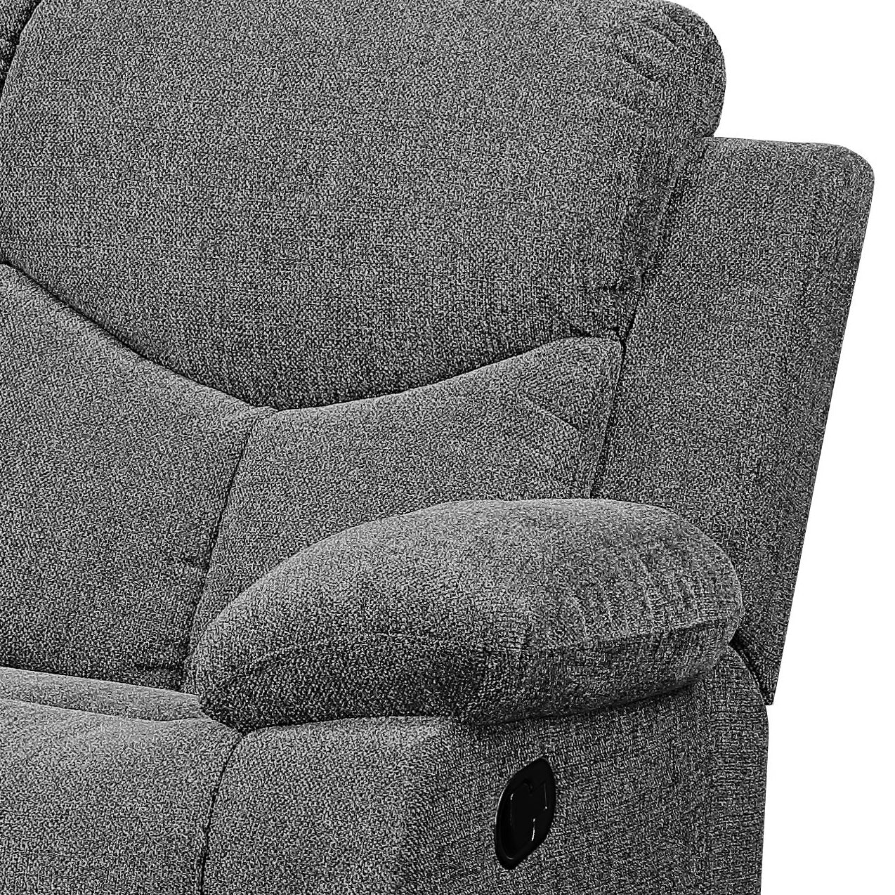 Closeup of a gray fabric recliner chair armrest with plush cushioning
