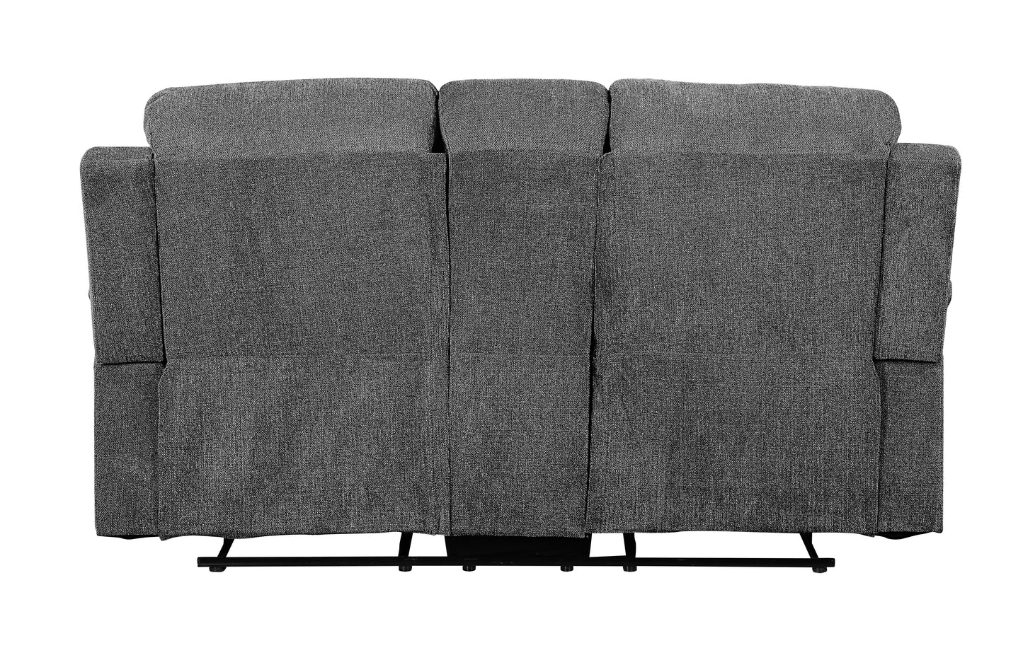 Rear view of a dark gray fabric recliner sofa with plush headrests and integrated reclining mechanism