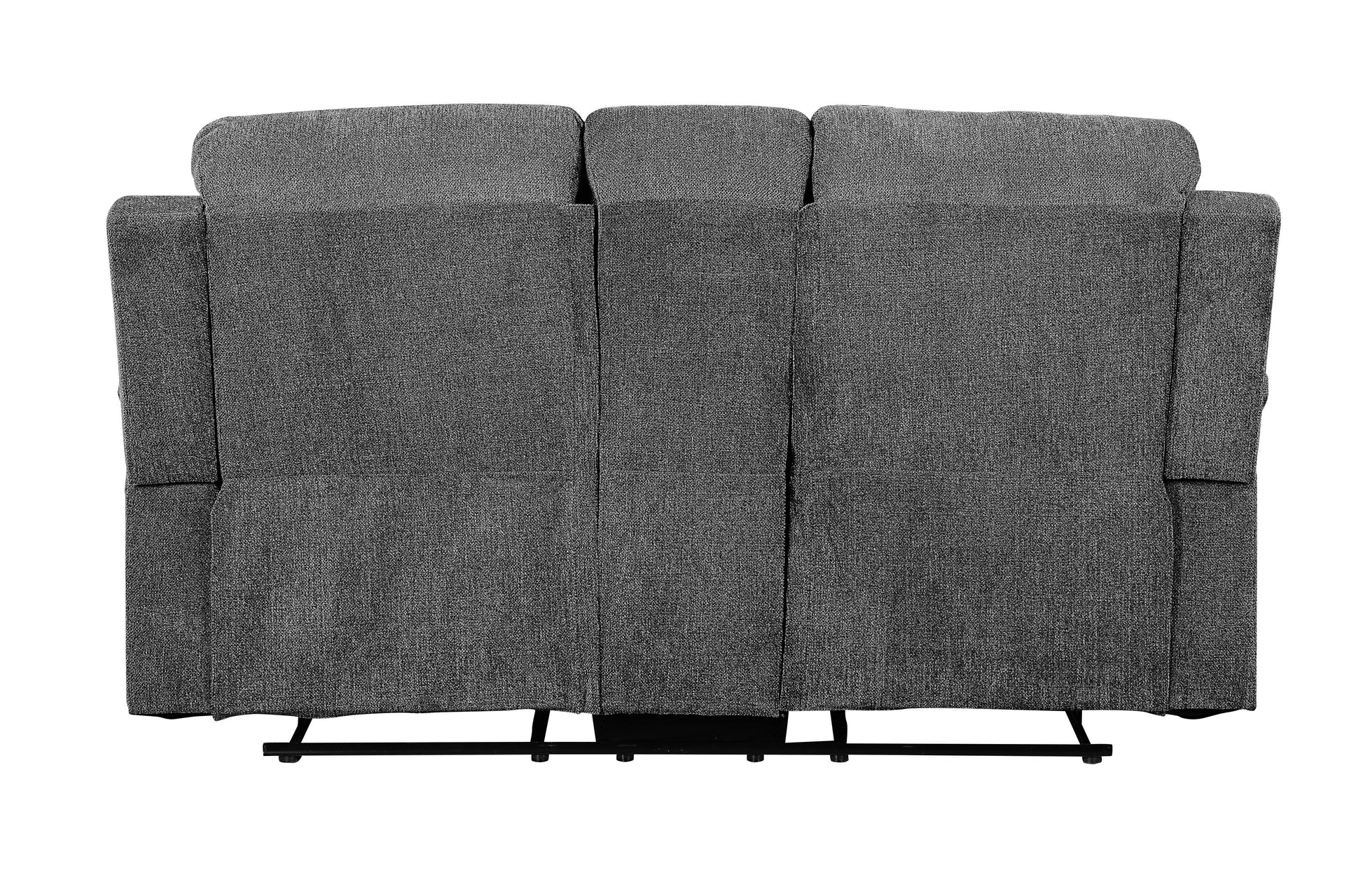 Rear view of a dark gray fabric recliner sofa with plush headrests and integrated reclining mechanism