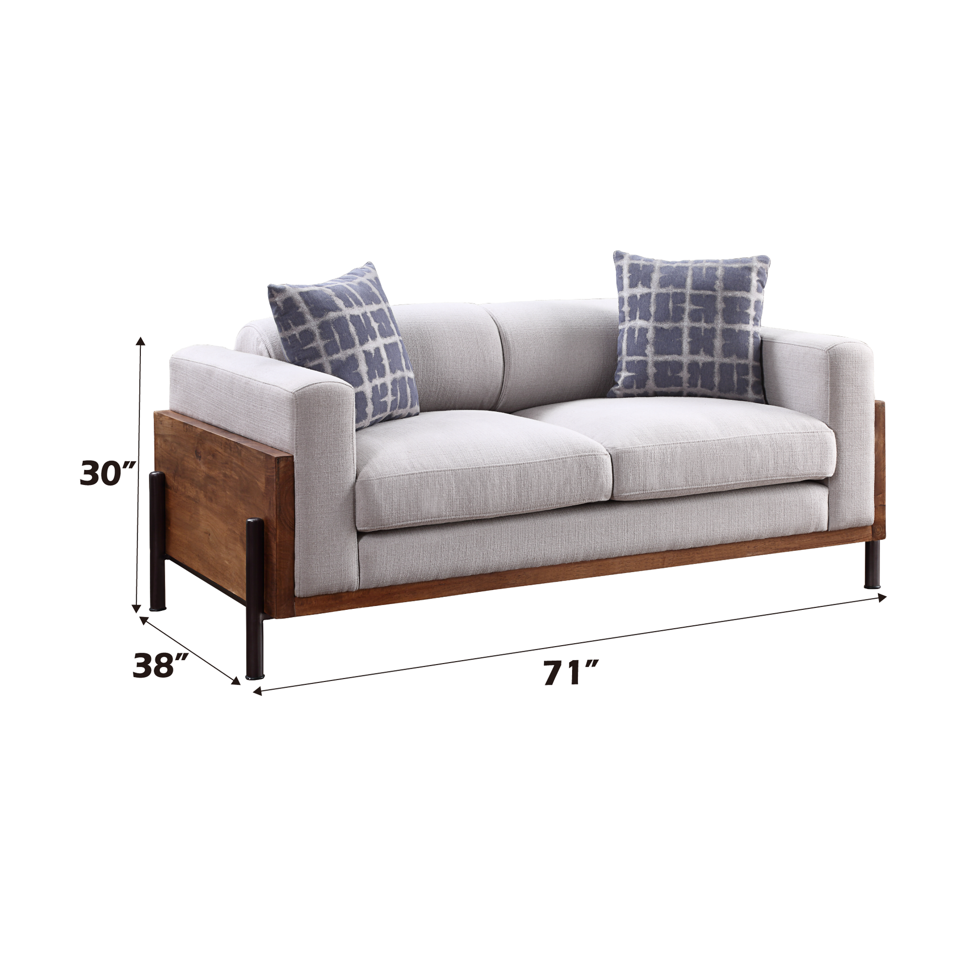 Light grey fabric sofa with warm wood accents featuring patterned throw pillows Ideal for modern living rooms