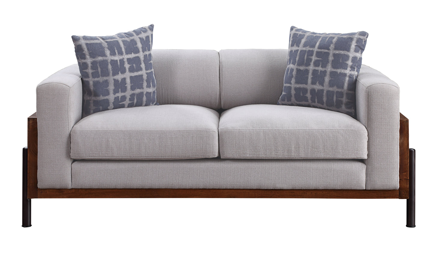 Modern light grey fabric loveseat with dark wood frame and grey patterned cushions