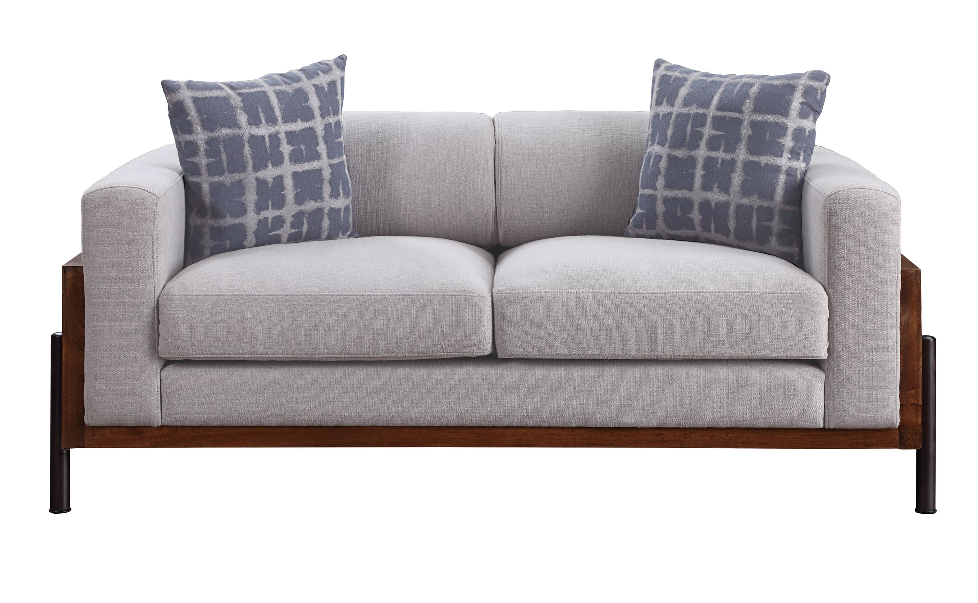 Modern light grey fabric loveseat with dark wood frame and grey patterned cushions