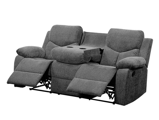 Gray fabric loveseat recliner with two cupholders and extended footrests