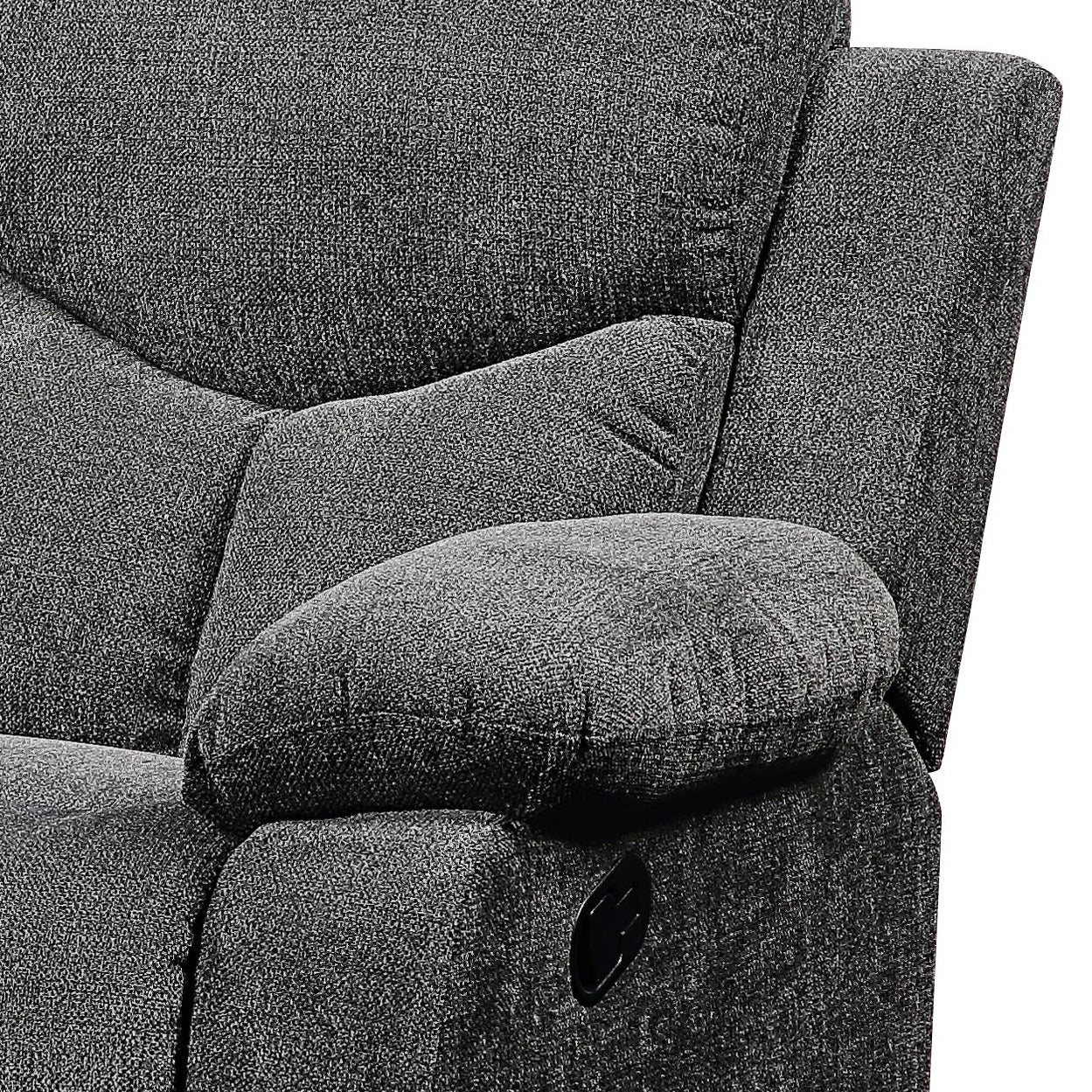 Closeup of charcoal gray fabric recliner armrest with plush cushioning and lever detail