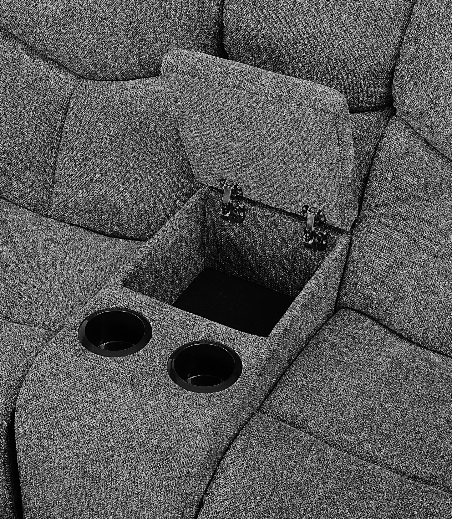 Grey fabric recliner with builtin storage compartment and dual cup holders for home theater seating
