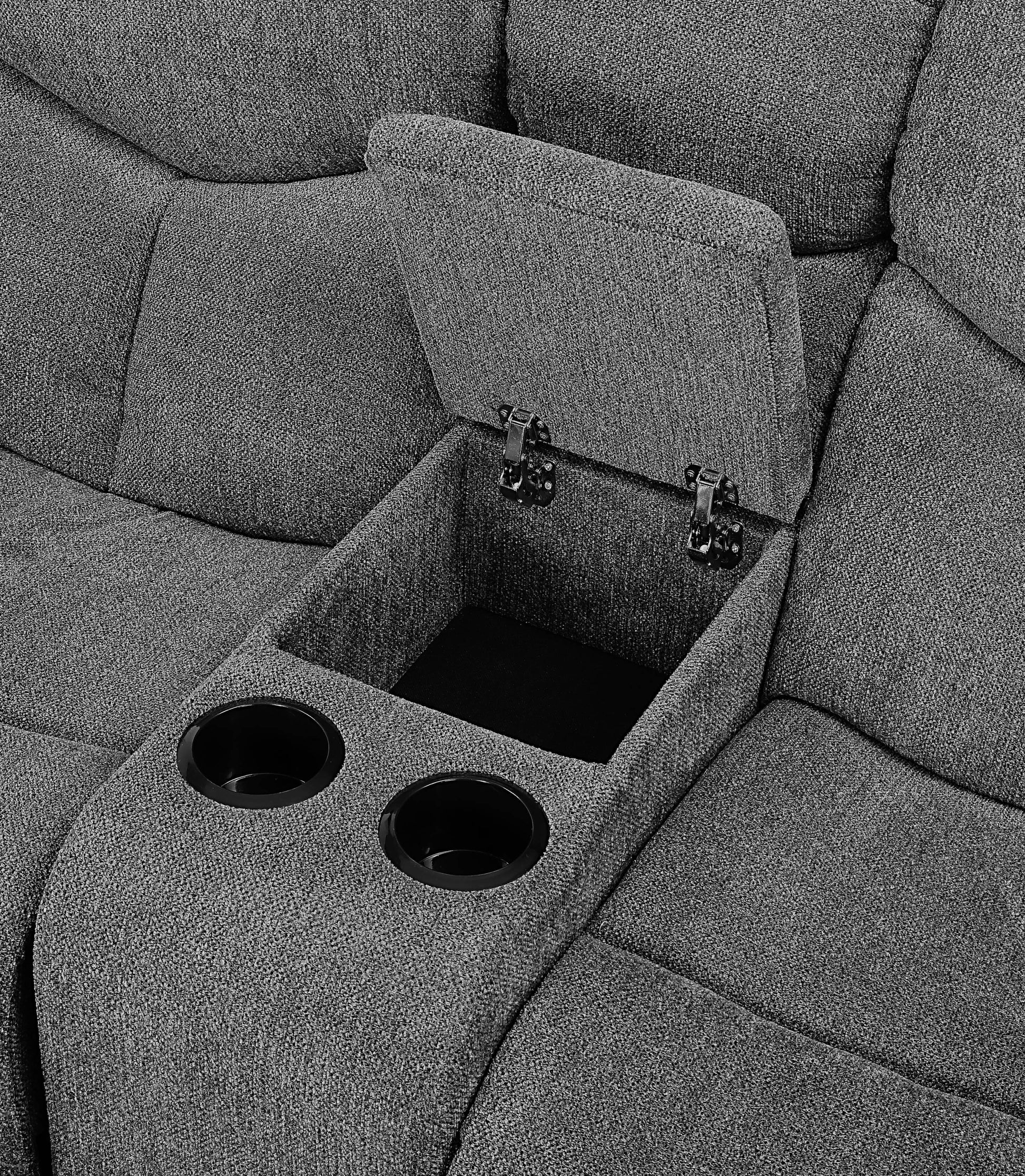 Grey fabric recliner with builtin storage compartment and dual cup holders for home theater seating