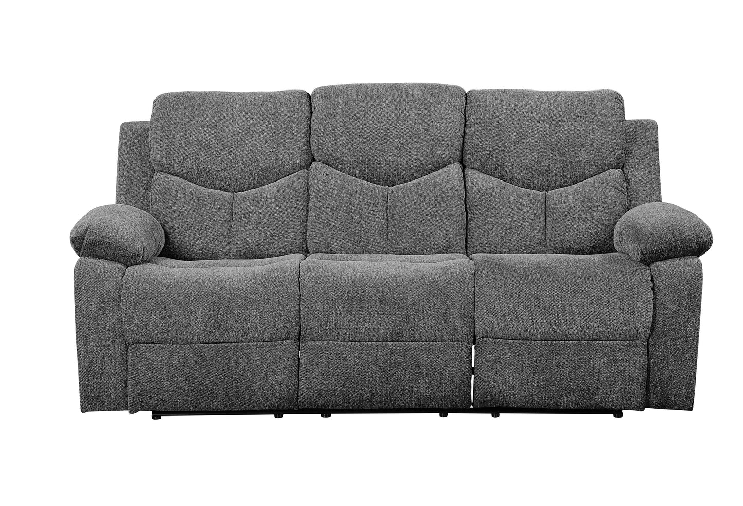 Grey fabric seater recliner sofa with padded arms and headrests