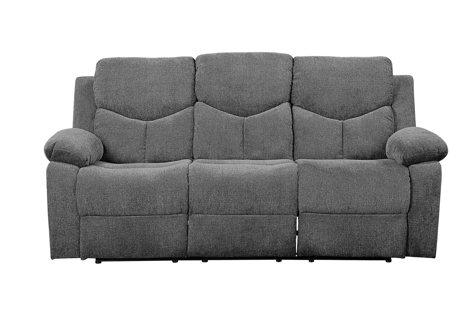 Grey fabric seater recliner sofa with padded arms and headrests