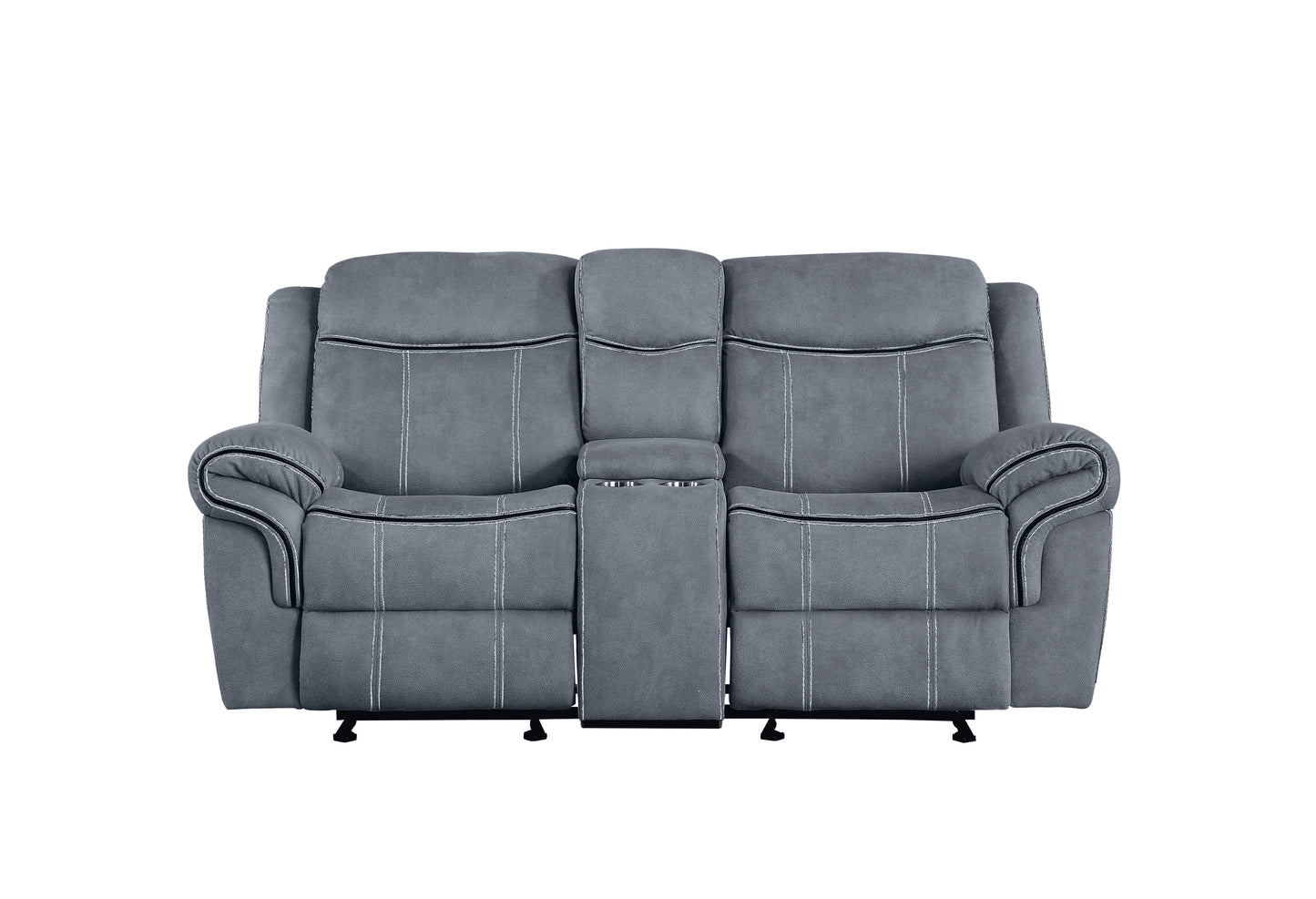 Gray fabric loveseat recliner with center console and cup holders