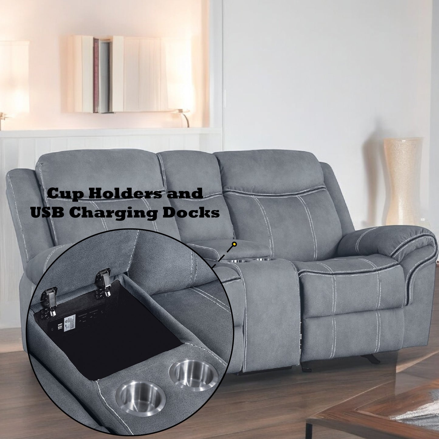 Gray reclining loveseat with builtin USB charging ports and cup holders for modern convenience