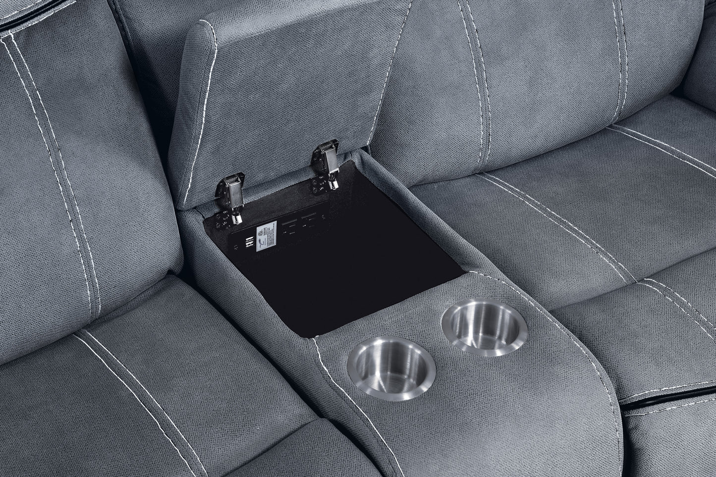 Gray fabric reclining sofa armrest with builtin storage USB ports and dual cup holders for ultimate comfort