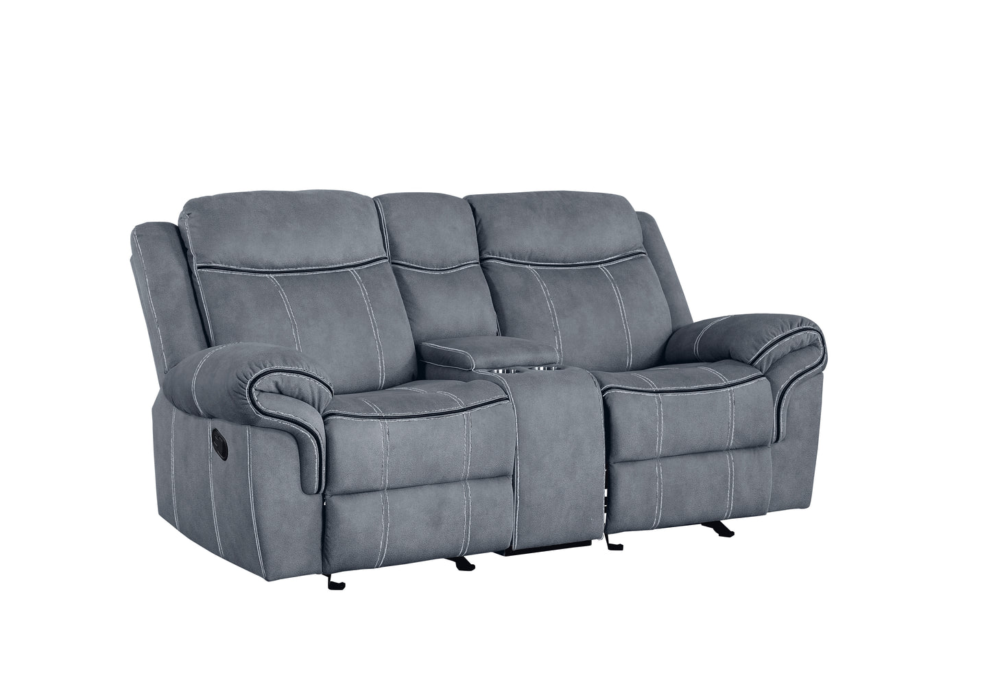 Gray fabric loveseat recliner with cup holder and contrast stitching for ultimate comfort