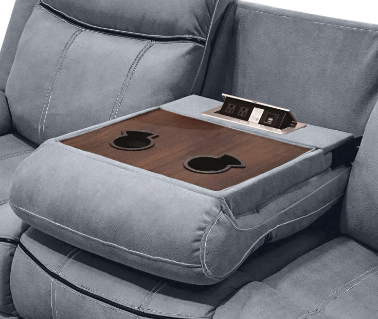 Gray fabric sofa armrest with builtin wood tray cup holders and power outlet for modern living rooms