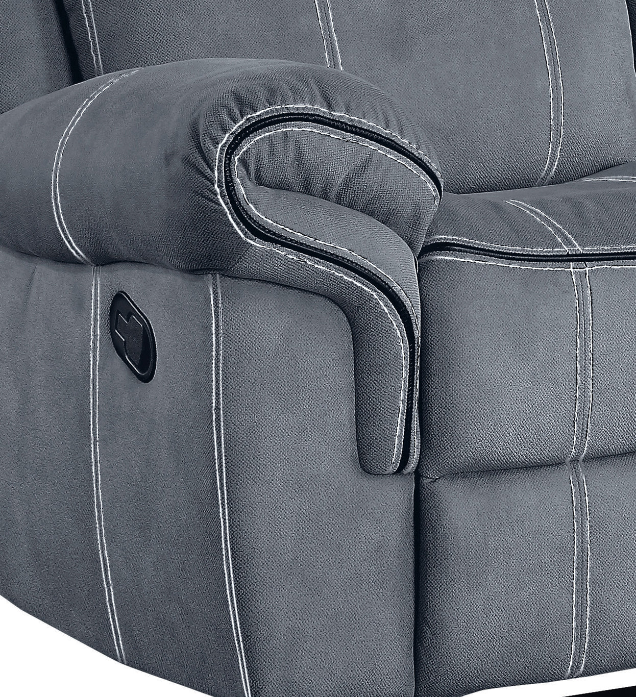 Dark gray recliner sofa armrest with contrasting white stitching and black lever