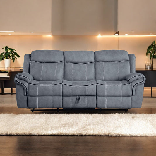Comfortable gray recliner sofa with white stitching and plush fabric