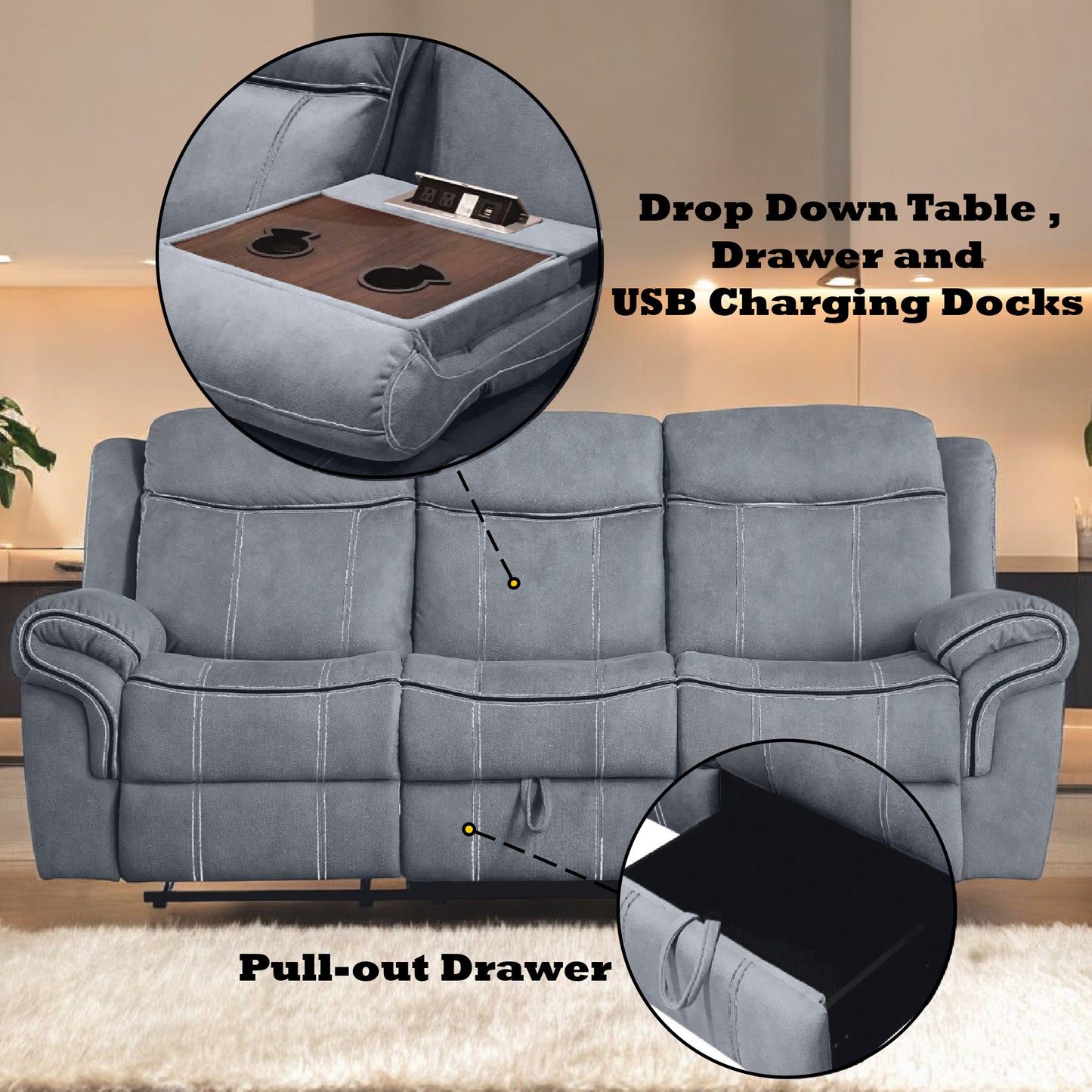 Gray recliner sofa with integrated dropdown table and USB charging docks