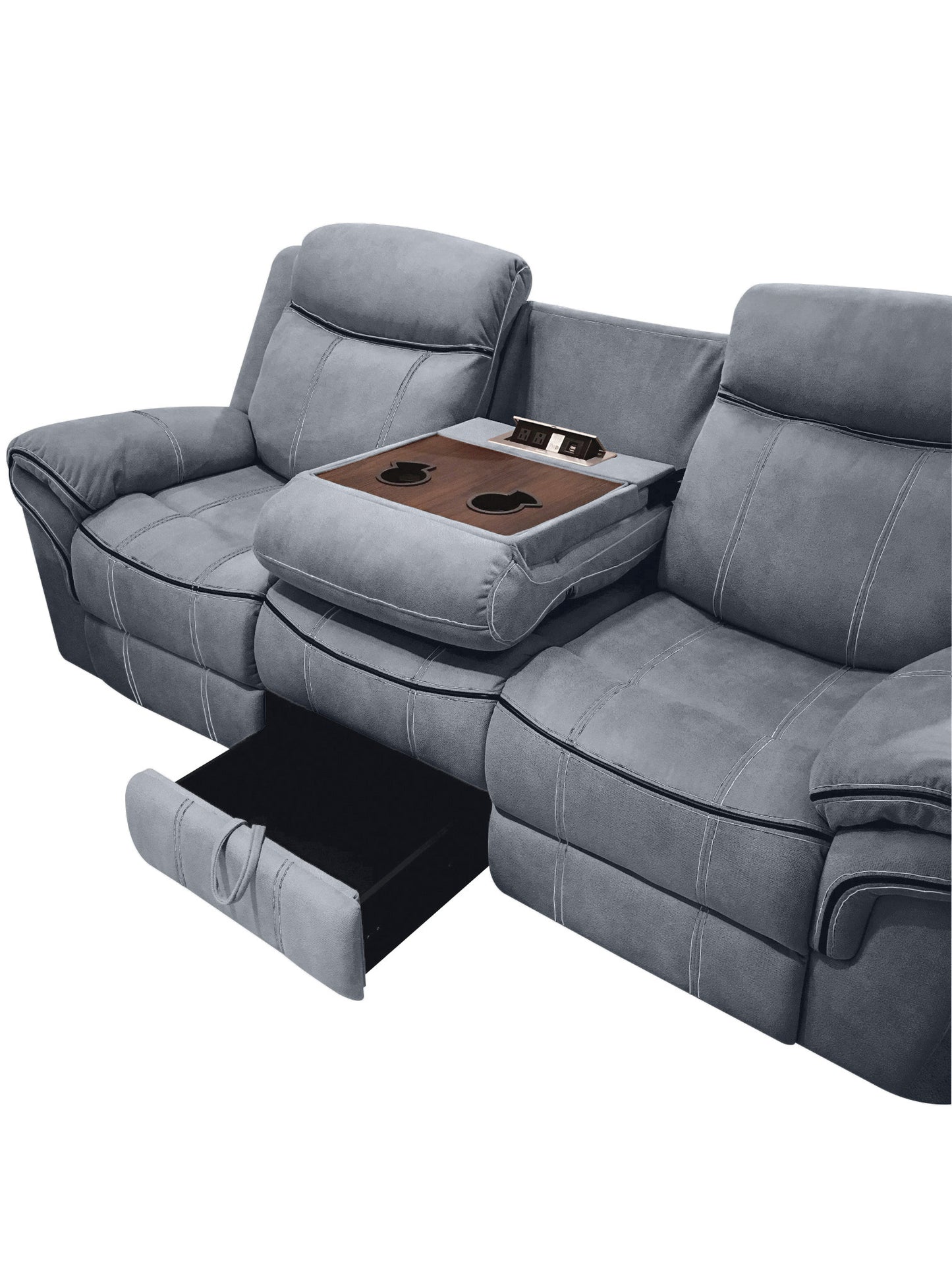 Gray power reclining sofa with builtin console cupholders and charging ports