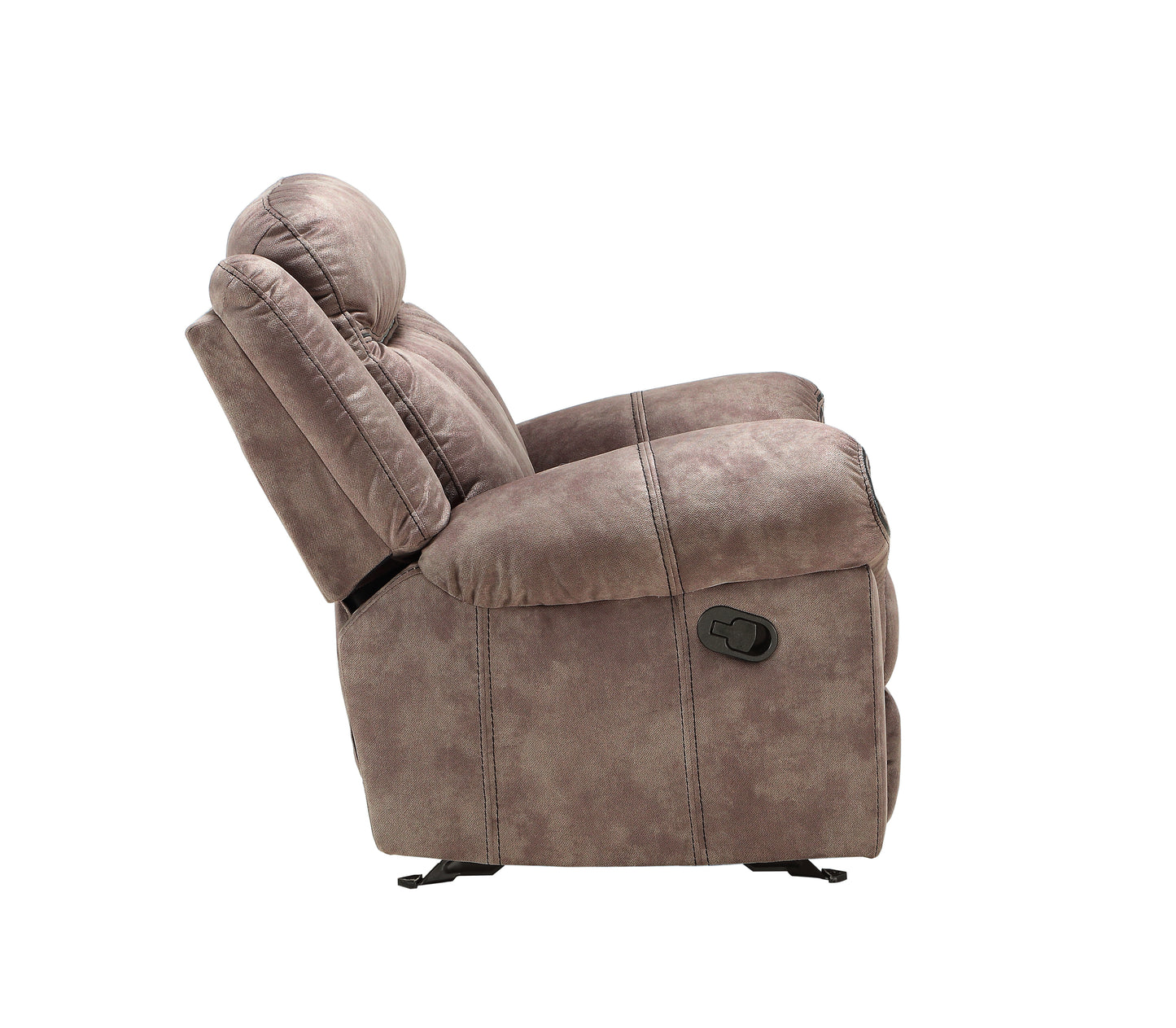 Taupe fabric recliner chair with plush cushioning and side lever