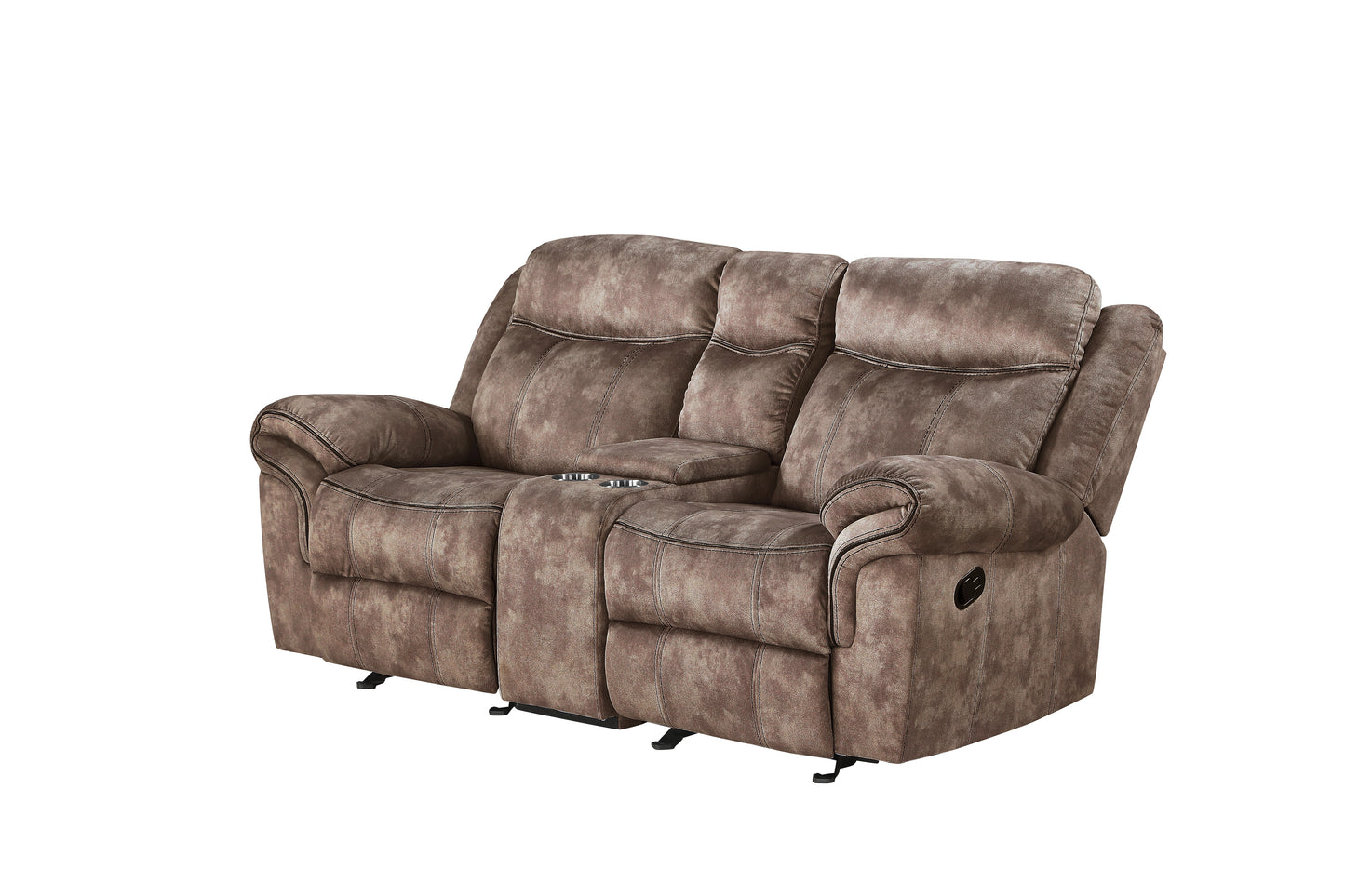 Taupe recliner loveseat with builtin cup holders and plush cushioning for ultimate comfort